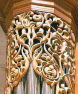 Carved dream catchers and looking glass in pipe shade carvings for Fritts pipe organ at Pacific Lutheran University, Tacoma WA